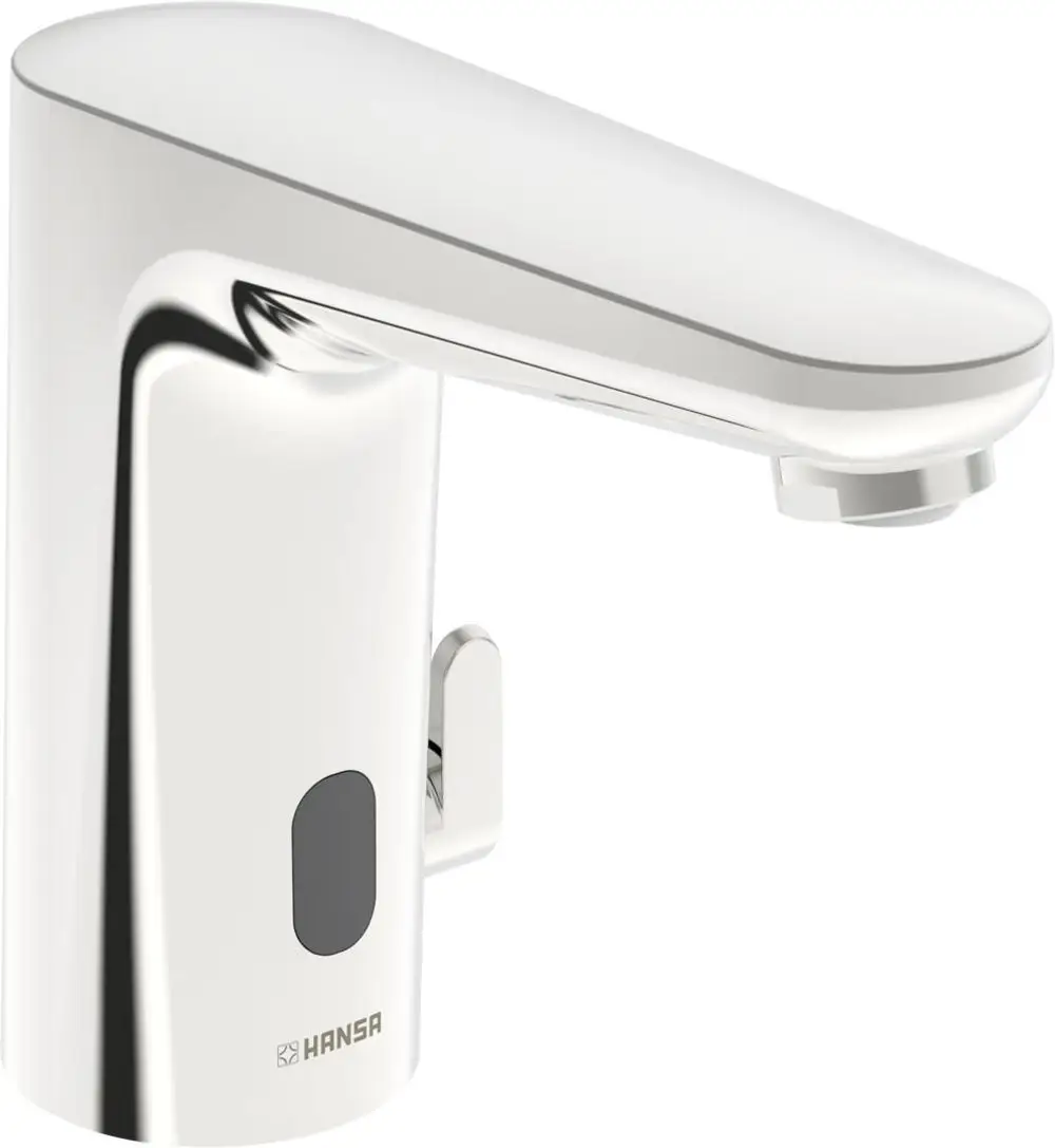 Chromfarbene Waschtischarmatur von HANSA mit einem modernen Design und einem Sensor zur berührungslosen Bedienung.